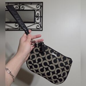 Y2K Coach Black/Beige Kristen Signature Leather/Fabric Medium Wristlet